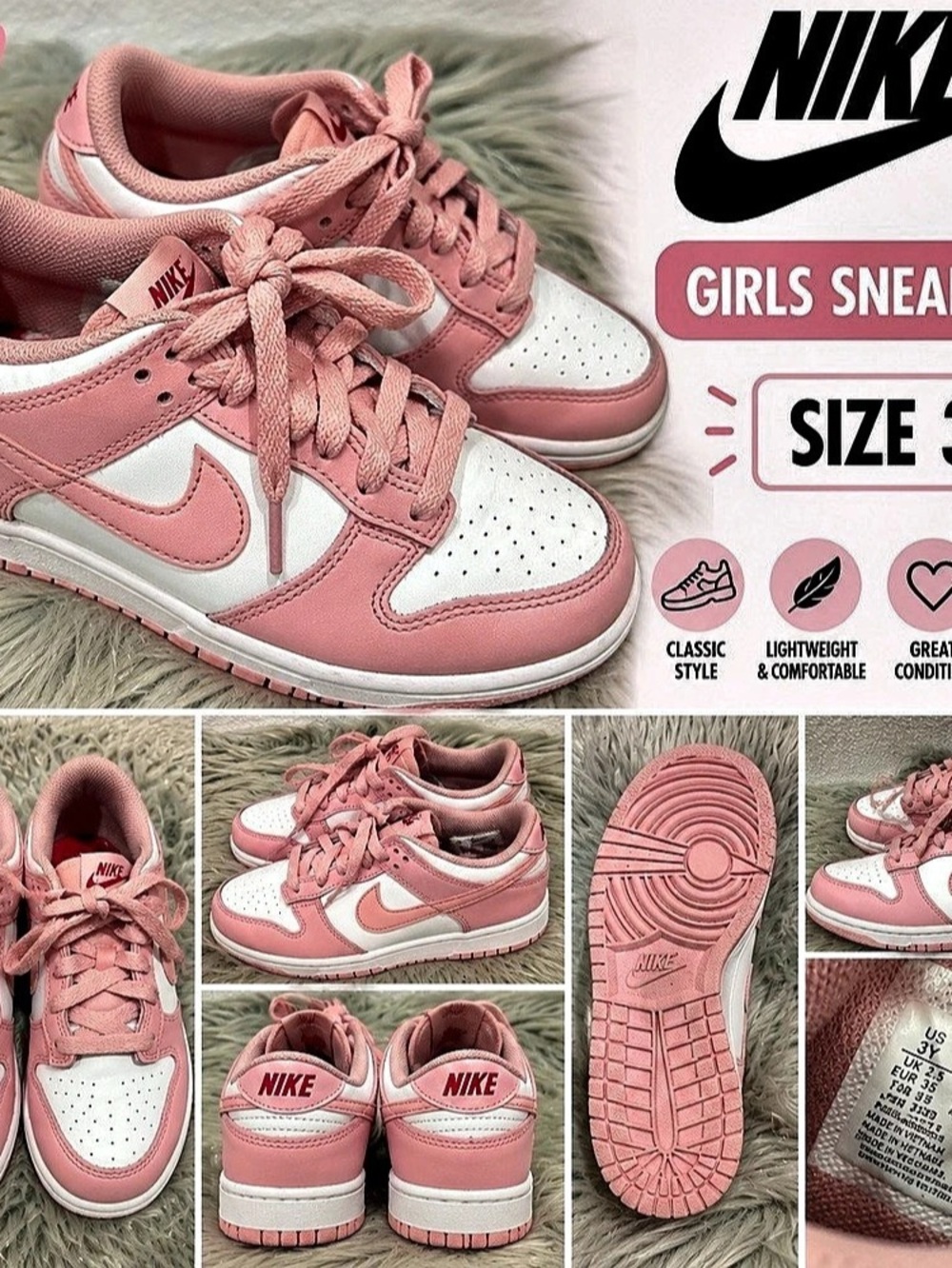 Nike Dunk Low Girls Pink & White Sneakers US 3Y Like New